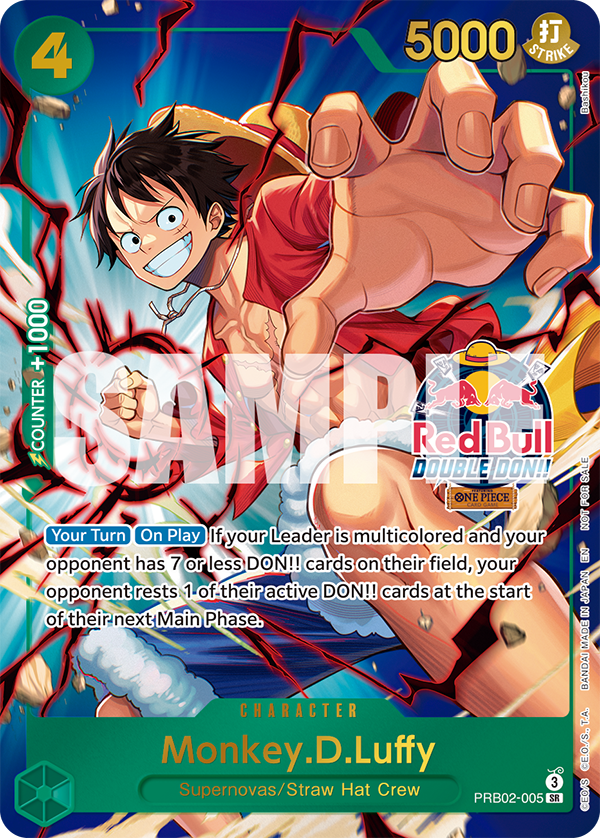 Card image of Red Bull Double Don!! PRB02-005 Monkey.D.Luffy (Silver Foil + Gold Stamp)