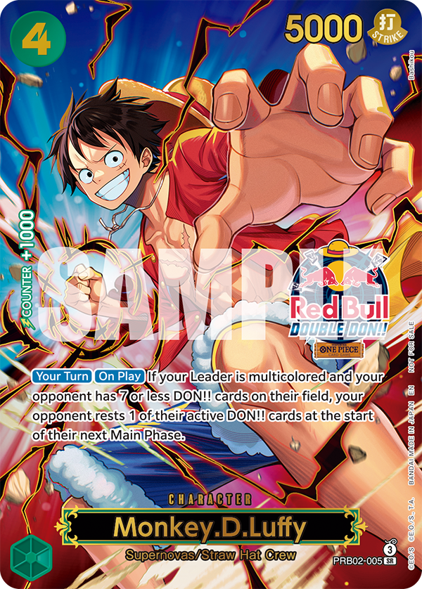 Card image of Red Bull Double Don!! PRB02-005 Monkey.D.Luffy (Silver Foil + Gold Stamp + Textured Foil)